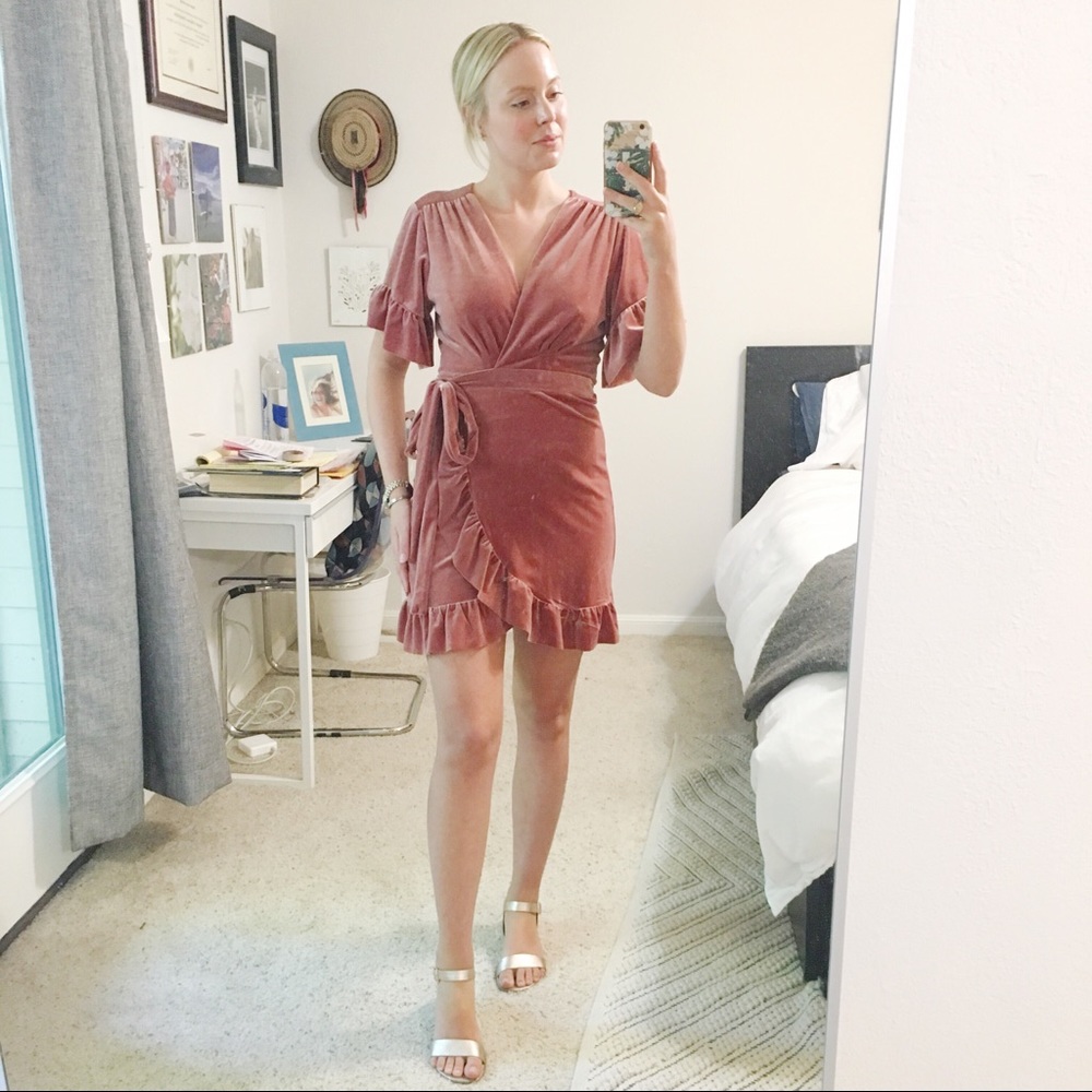 Blush wrap dress with ruffle detail